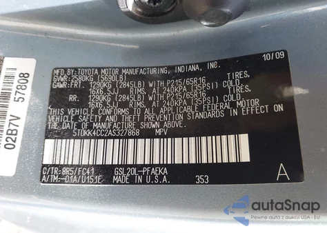 2010 Toyota Sienna Le z USA, uszkodzony, nr VIN 5TDKK4CC2AS327868